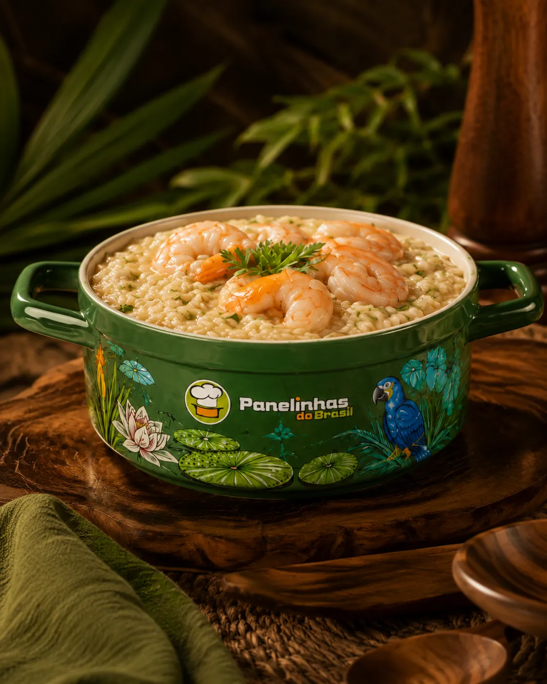 Panelinha verde da Panelinhas do Brasil com risoto de camarão, cenário tropical