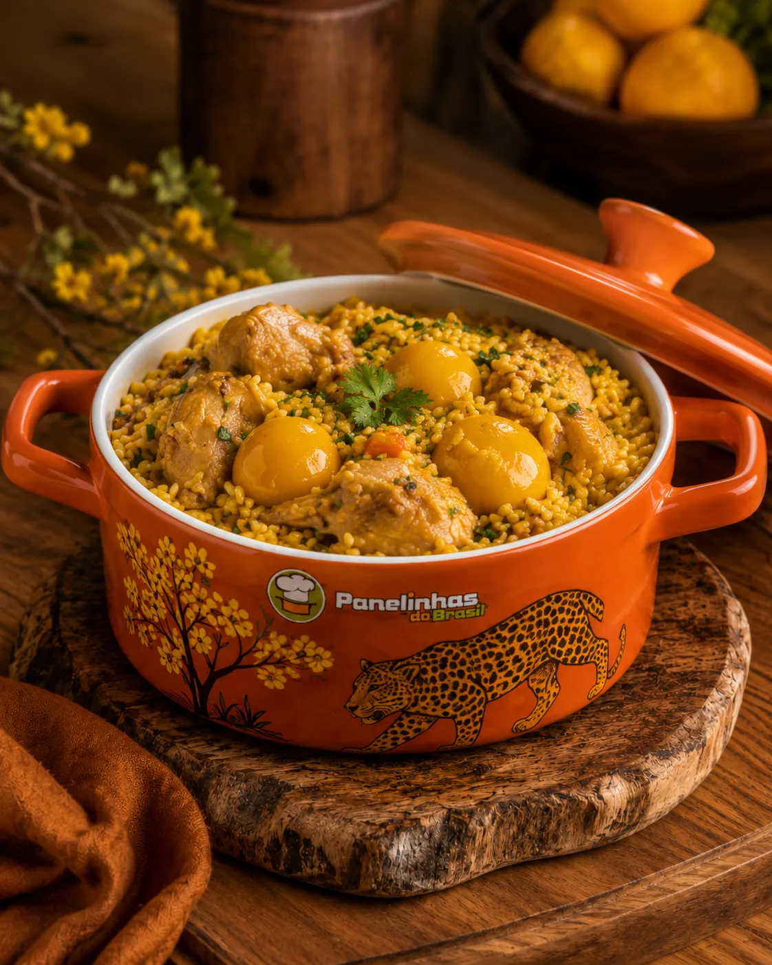 Panelinha laranja da Panelinhas do Brasil com frango e ovos de codorna, tampa aberta