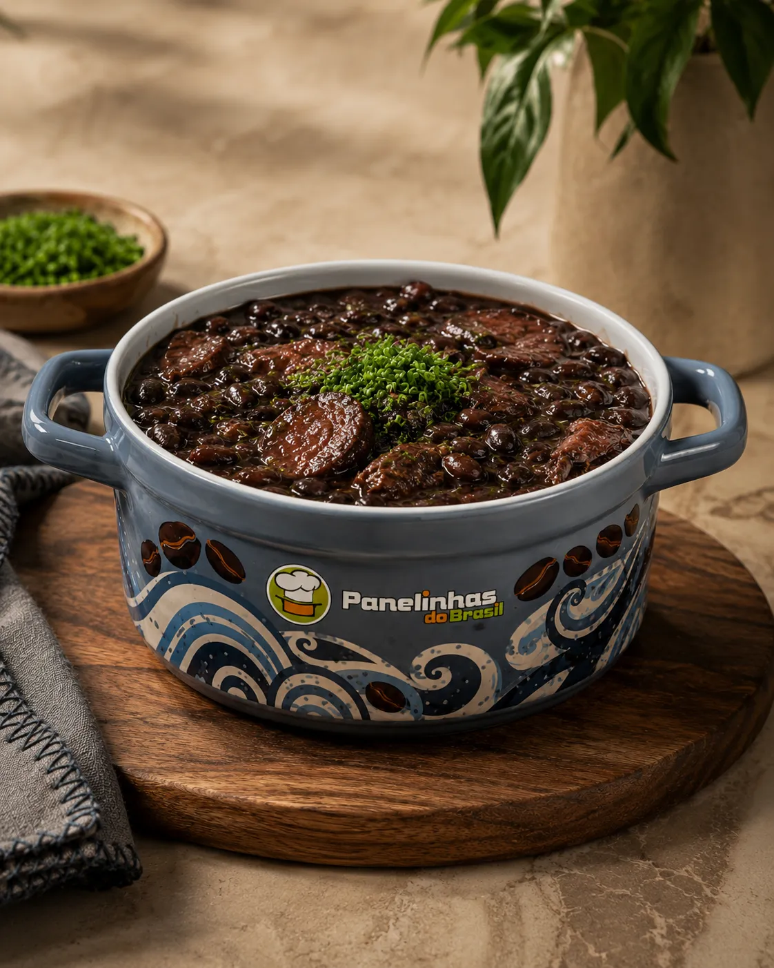 Panelinha azul da Panelinhas do Brasil com feijoada, mesa de apoio ao franqueado